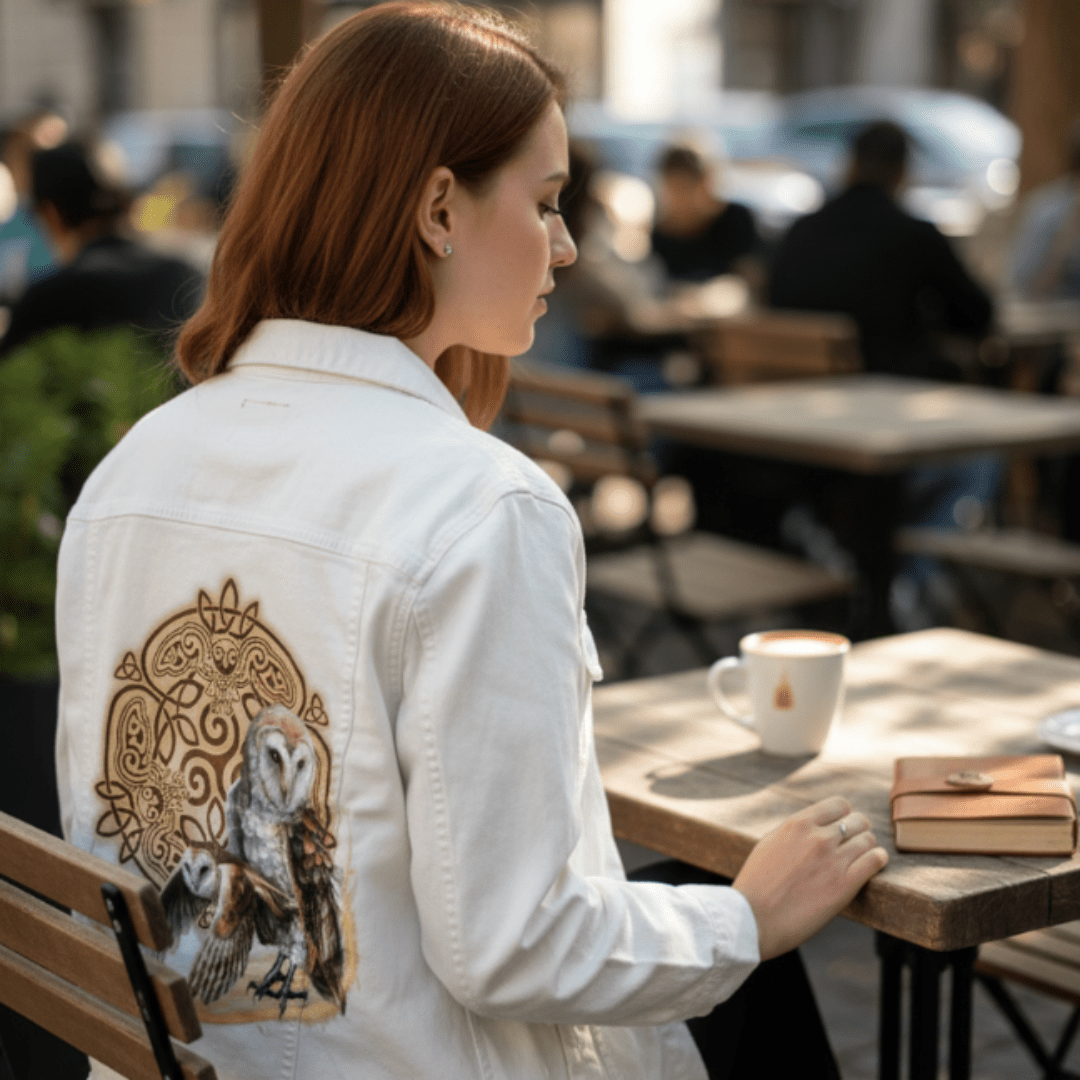 back and three-quarter view of a model seated at an outdoor café table wearing a white denim jacket featuring the artwork “Celtic Owl” by Brigid Ashwood. the artwork depicts a detailed barn owl with spread wings and a second owl in motion, framed by ornate Celtic knotwork in gold hues. the design is digitally printed on the jacket’s back panel by DenimINK.