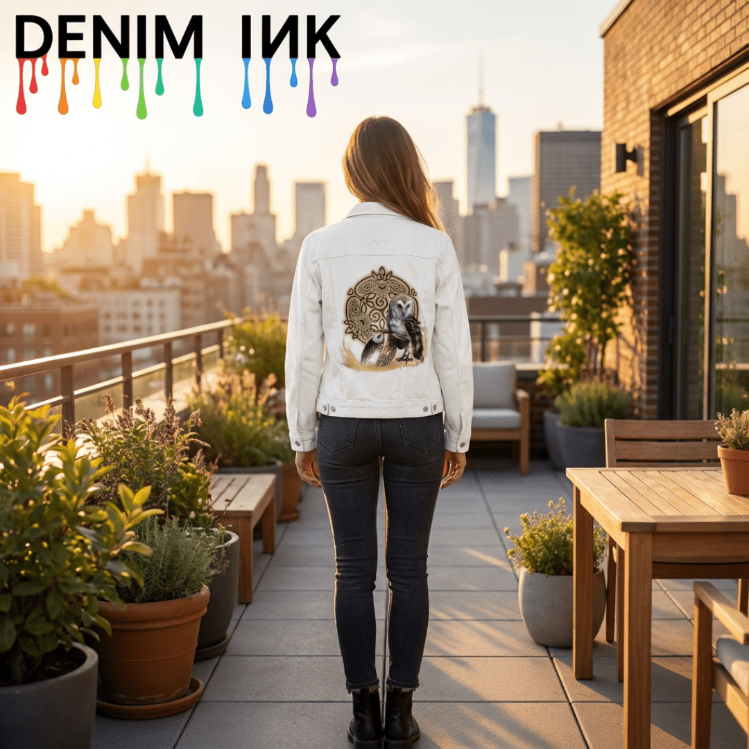 back view of a model standing centered on a rooftop terrace at golden hour, wearing a white denim jacket featuring the artwork “Celtic Owl” by Brigid Ashwood. the design shows two barn owls—one standing and one in flight—emerging from a glowing golden arc in front of a circular Celtic knot mandala with owl figures woven into the knotwork. potted plants, a wooden table and chairs, brick walls, and a sunlit city skyline surround the scene. the artwork is digitally printed on the jacket’s back panel by DenimIN