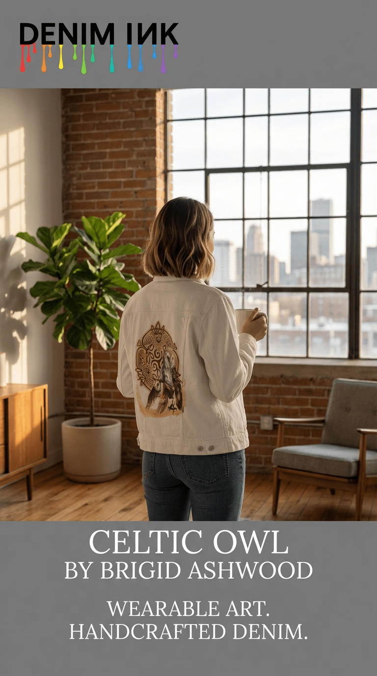 back view of a model standing inside a sunlit loft, holding a cup of coffee while wearing a white denim jacket featuring the artwork “Celtic Owl” by Brigid Ashwood. the design shows two barn owls emerging from a glowing golden arc in front of a circular Celtic knot mandala with owl figures woven into the knotwork. exposed brick walls, a large grid window with city buildings visible outside, a potted plant, and mid-century furniture surround the scene. overlay text reads “Celtic Owl by Brigid Ashwood” and “W