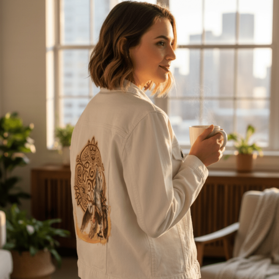 back and side view of a model standing indoors near a large window, holding a warm cup of coffee while wearing a white denim jacket featuring the artwork “Celtic Owl” by Brigid Ashwood. the image shows luminous barn owls surrounded by a circular Celtic knot design in golden tones. the artwork is digitally printed on the jacket’s back panel by DenimINK.