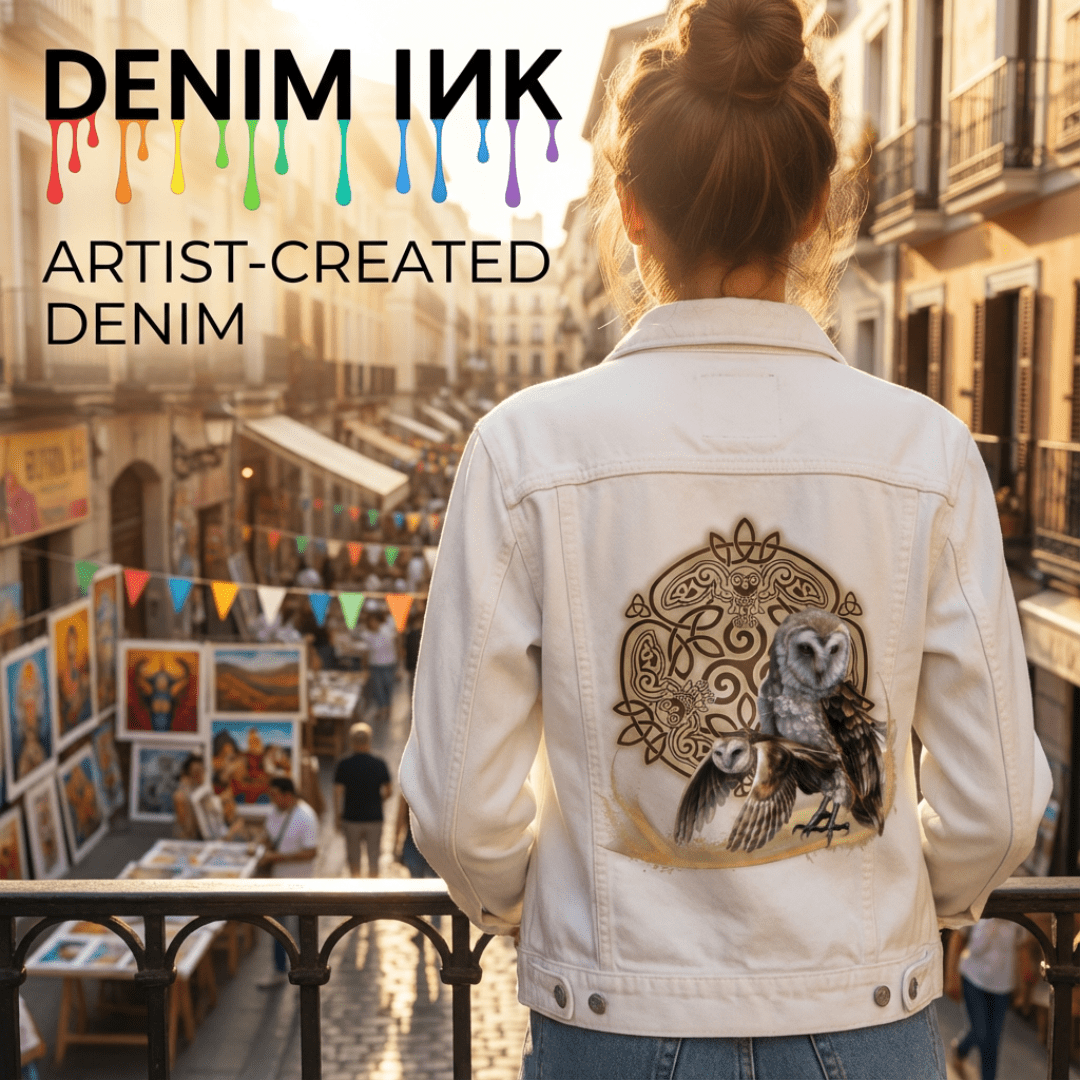 back view of a model standing at a balcony railing overlooking a lively outdoor art market, wearing a white denim jacket featuring the artwork “Celtic Owl” by Brigid Ashwood. the design shows two barn owls—one standing and one in flight—emerging from a golden arc before a circular Celtic