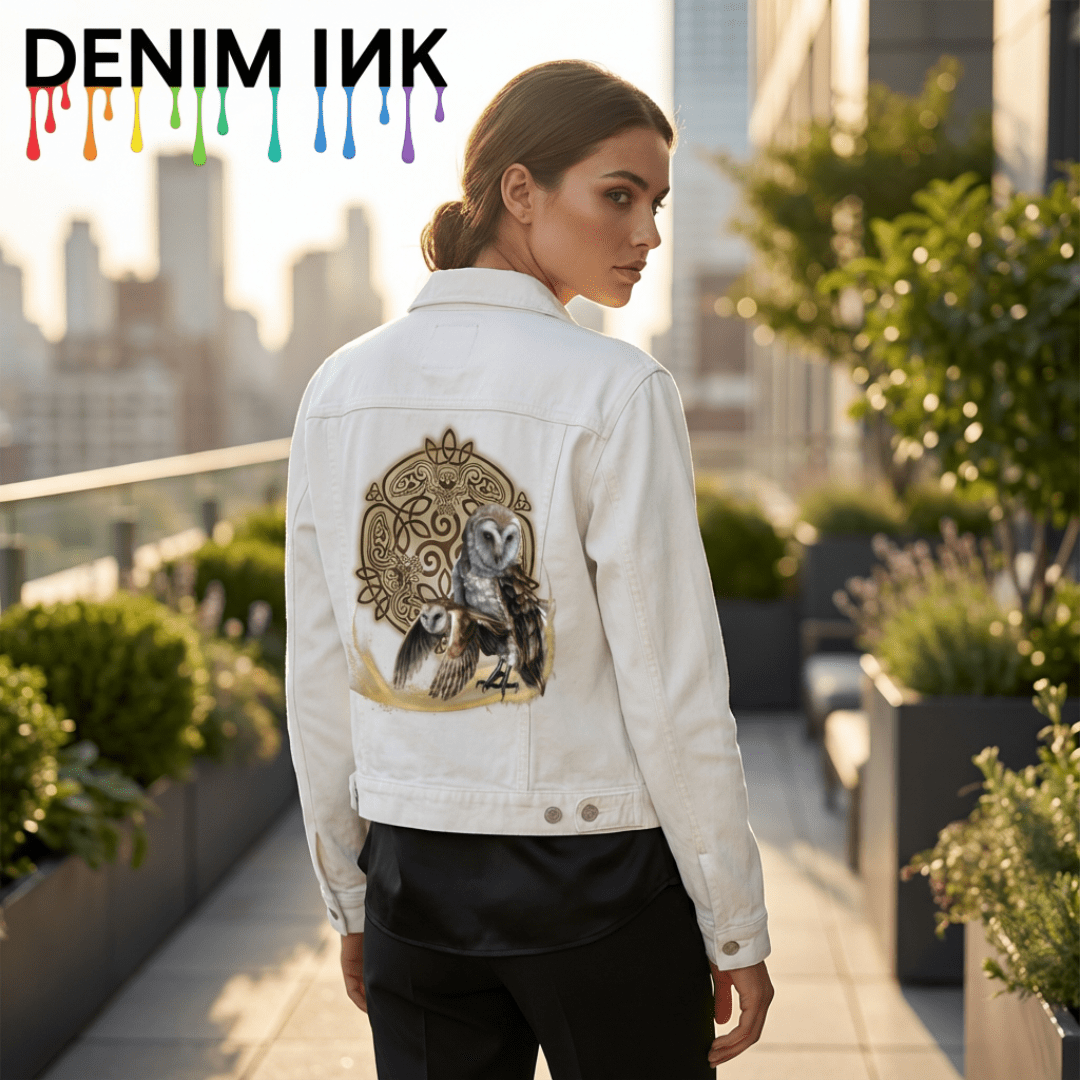 back view of a model turning slightly over one shoulder on a rooftop walkway, wearing a white denim jacket featuring the artwork “Celtic Owl” by Brigid Ashwood. the design shows two barn owls—one standing and one in flight—emerging from a glowing golden arc before a circular Celtic knot mandala with stylized owl figures woven into the knotwork. raised planters line the walkway, with soft city buildings blurred in the background. the artwork is digitally printed on the jacket’s back panel by DenimINK.