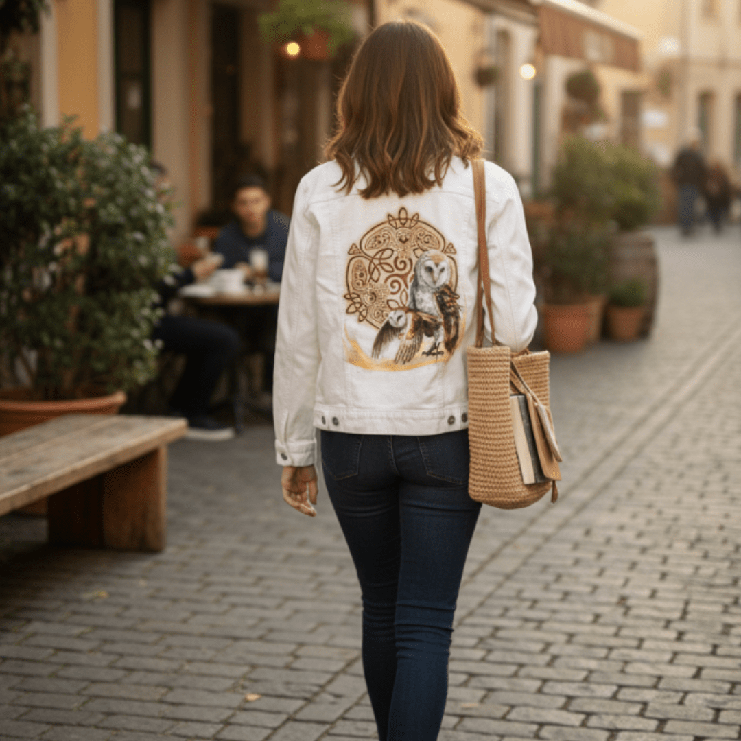 back view of a model walking along a sunlit cobblestone street wearing a white denim jacket featuring the artwork “Celtic Owl” by Brigid Ashwood. the design shows two barn owls emerging from a glowing golden arc, layered over an intricate circular Celtic knot pattern in warm gold tones. the artwork is digitally printed on the jacket’s back panel by DenimINK.