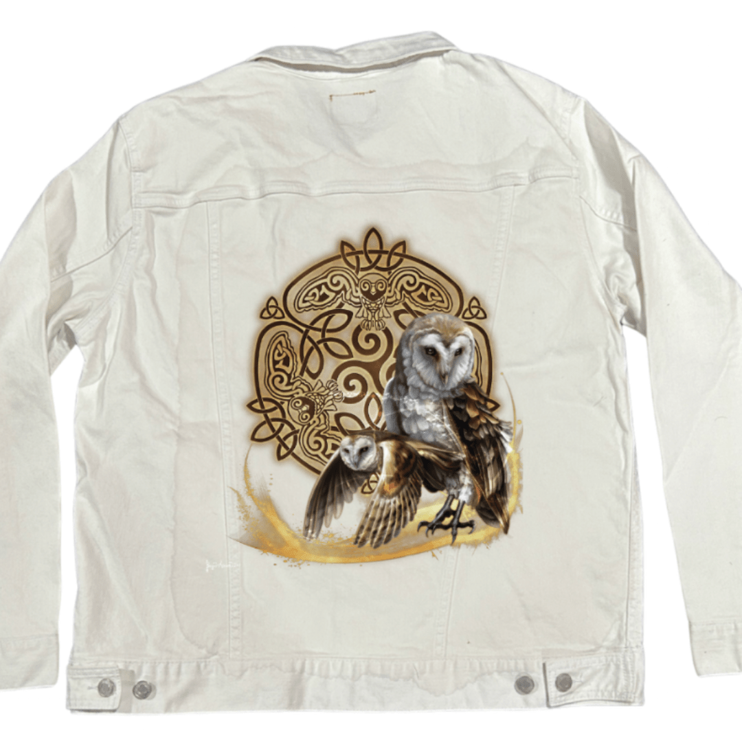CELTIC OWL by BRIGID ASHWOOD - independent artist custom denim jacket by DenimINK