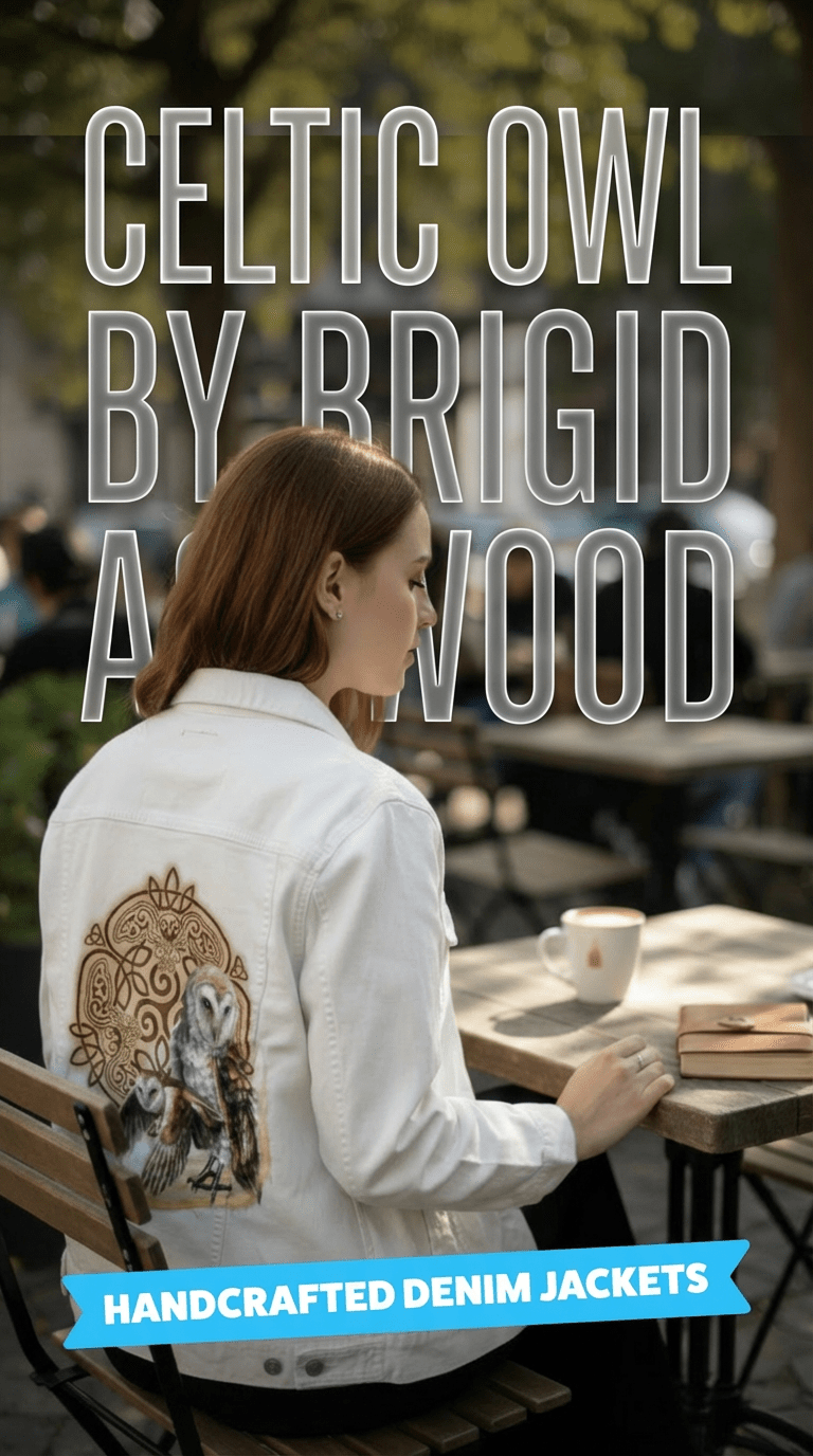 back view of a white denim jacket featuring the artwork “Celtic Owl” by Brigid Ashwood, worn while seated at an outdoor café table. the artwork shows two barn owls—one standing and one flying low—emerging from a glowing golden arc in front of an intricate circular Celtic knot mandala with stylized owl faces and wings woven into the knotwork. a coffee cup, small notebook, wooden table, and blurred café patrons appear in the background. large overlaid text reads “Celtic Owl by Brigid Ashwood”