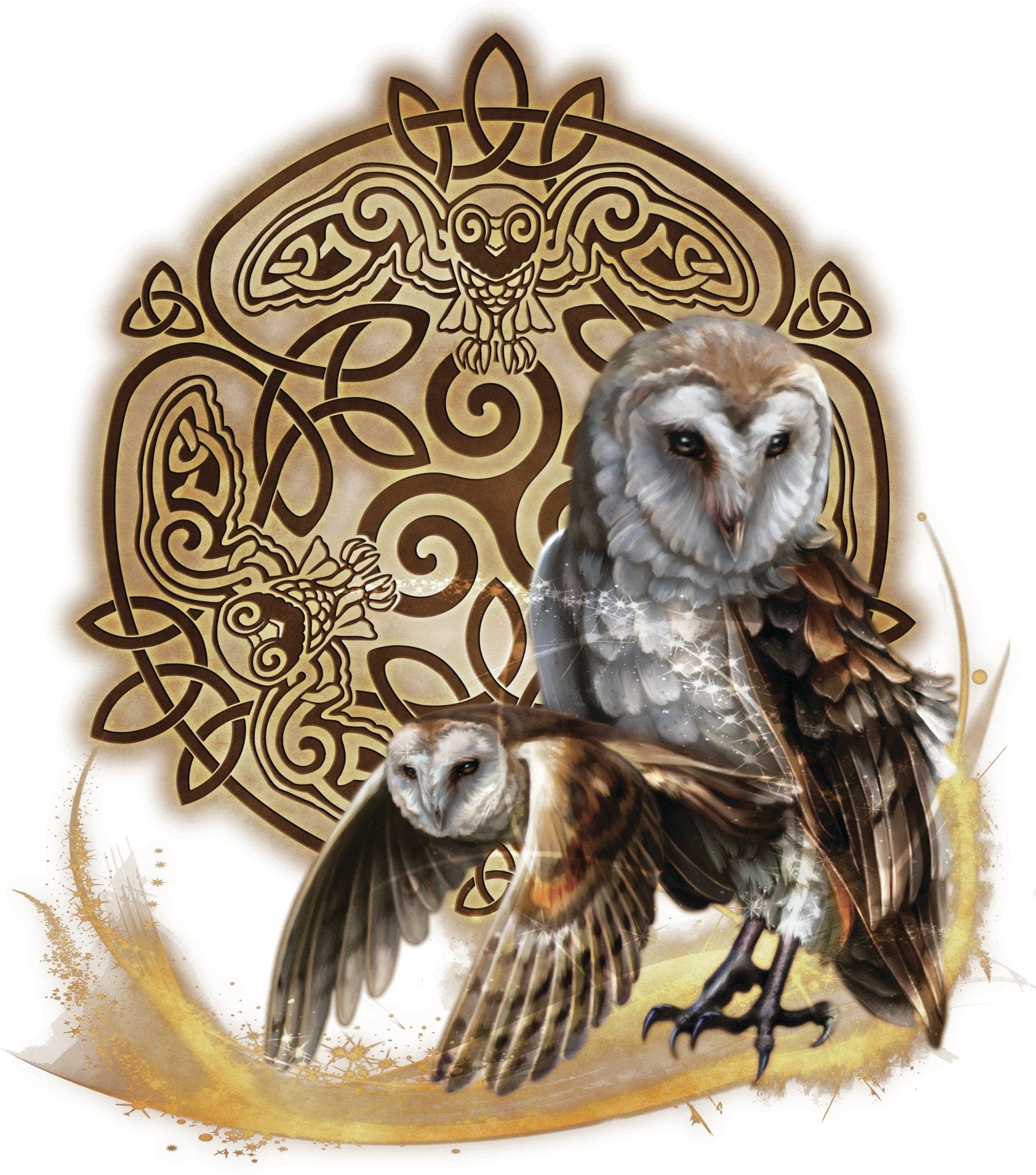 illustration of two barn owls — one standing and one in flight — set before a circular brown Celtic knotwork mandala. stylized owl figures are woven into the knot design, forming an intricate symmetrical pattern behind the realistic owls. swirling brush textures accent the lower portion of the composition. this artwork is titled “Celtic Owl” and created by artist Brigid Ashwood