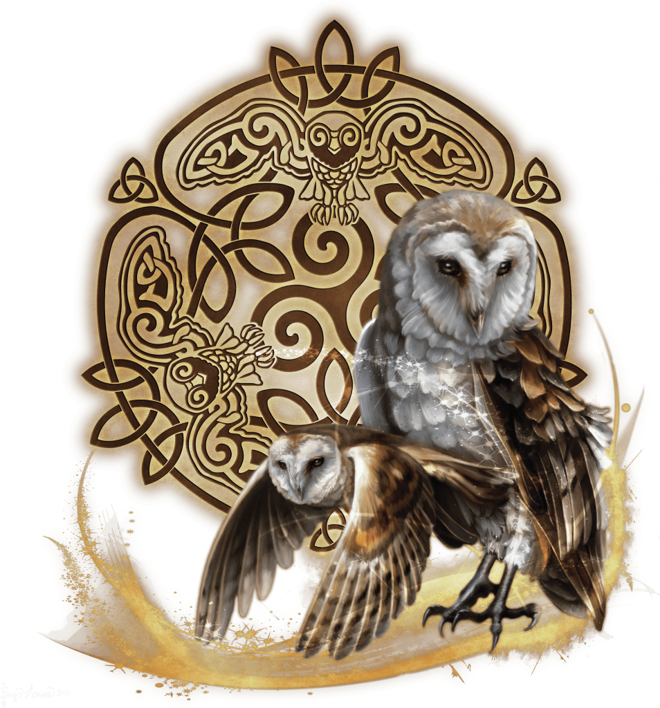 illustration of two realistic barn owls set before a glowing golden-brown Celtic knot mandala. one owl stands upright with folded wings and soft ivory, gray, and tawny plumage, while a second owl flies low with wings fully spread. within the circular knotwork, two stylized owls are visibly woven into the design, their heads and wings formed from continuous over-and-under bands and spiral motifs. gold dust, swirling brush textures, and light sweep across the foreground. this artwork is titled “Celtic Owl” 