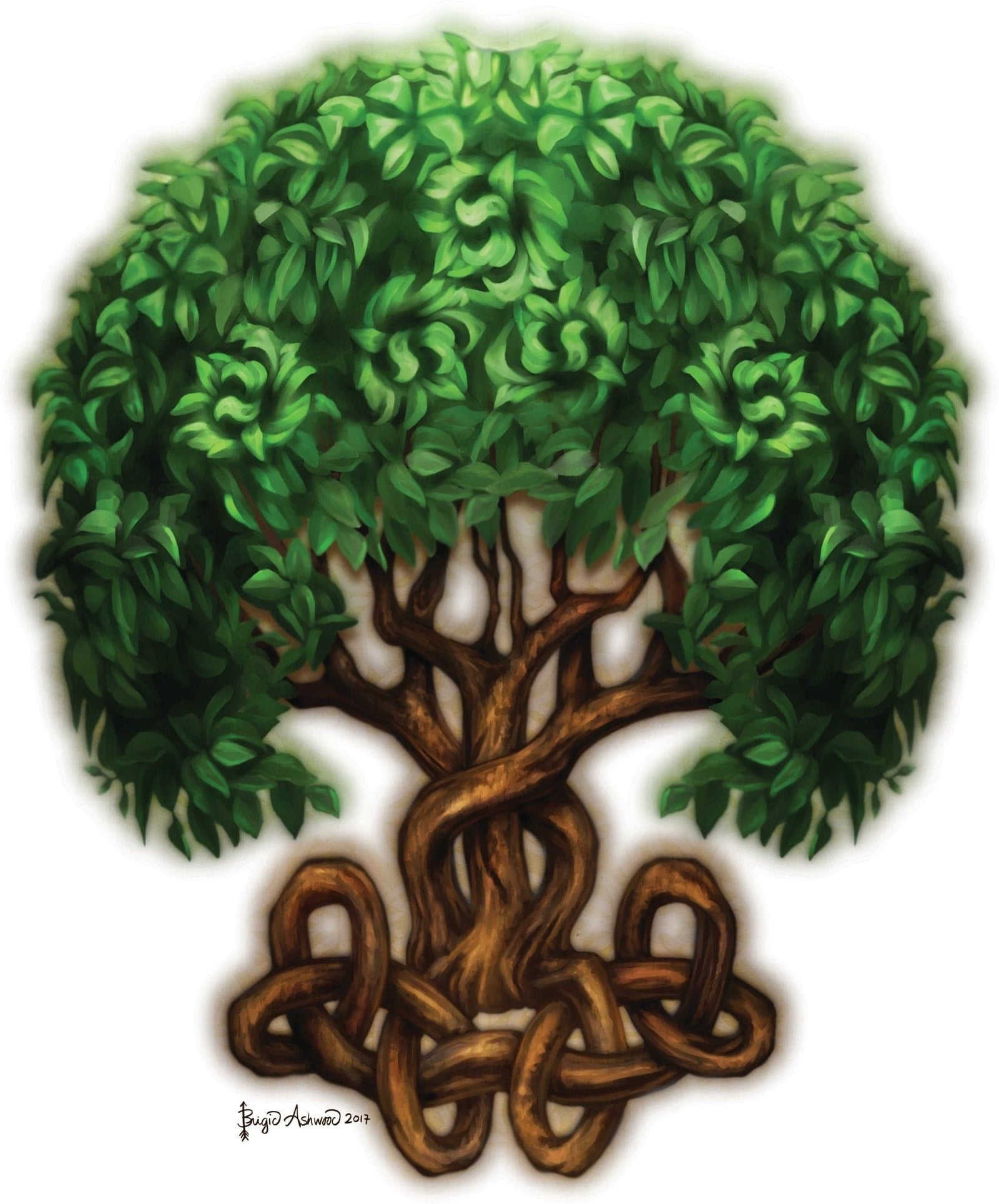 illustration of a lush green Tree of Life with detailed leaves forming subtle spiral motifs, its twisting brown trunk rising from an intricate Celtic knotwork base. the foliage creates layered circular patterns above the interwoven roots. this artwork is titled “Celtic Tree of Life” and created by artist Brigid Ashwood