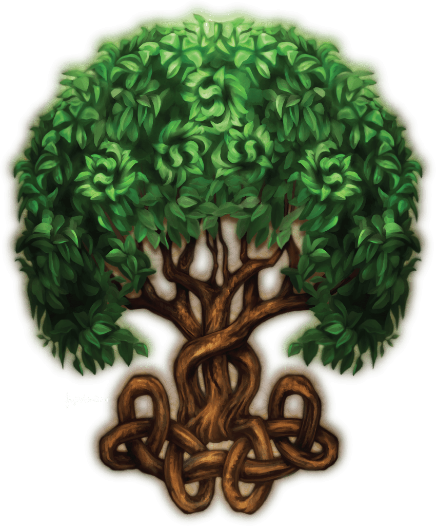 illustration of a lush green Celtic Tree of Life formed as a living tree within a circular braided border. a full, rounded canopy of layered leaves painted in varied green tones forms subtle spiral and circular motifs above a twisting brown trunk. below, thick roots extend outward and interlace into continuous over-and-under Celtic knotwork. stylized leaf shapes and flowing Celtic patterns are woven throughout the branches and roots on a clean white background. this artwork is titled “Celtic Tree of Life” 
