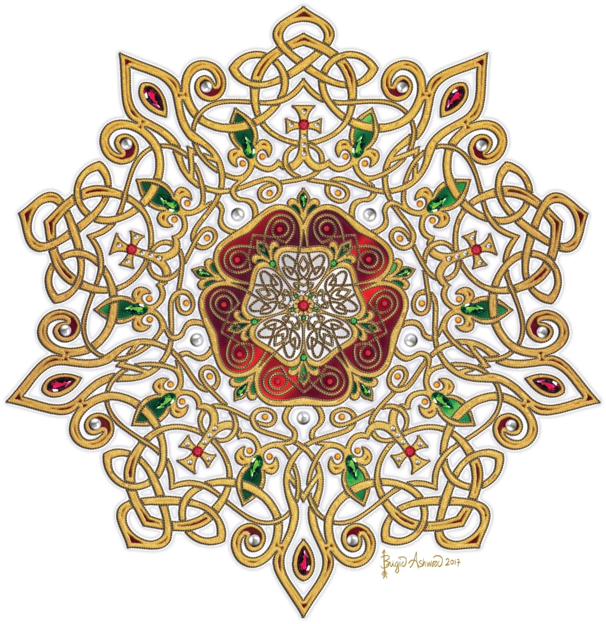 illustration of an ornate Celtic knotwork mandala rendered in gold filigree patterns, featuring a rich red and white Tudor-style rose at the center. gem-like accents, green leaves, and interwoven loops radiate outward in symmetrical layers. this artwork is titled “Celtic Tudor Rose” and created by artist Brigid Ashwood