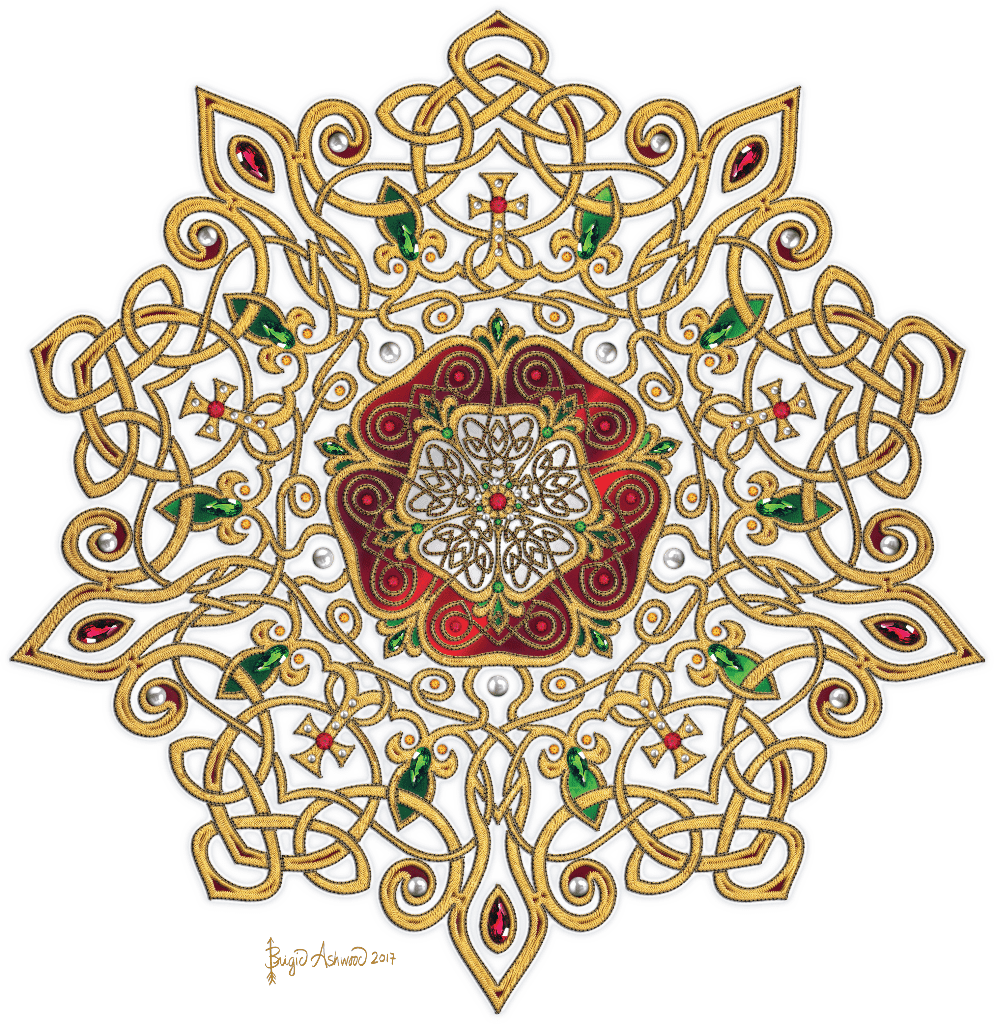 illustration of an ornate Celtic mandala centered on a Tudor rose, rendered in rich gold, red, and green tones. the symmetrical design features intricate over-and-under Celtic knotwork forming looping arms around the central rose, with braided borders, triquetra-inspired crossings, and spiral flourishes. jewel-like red and green accents appear throughout the knots, with pearl-like nodes embedded in the pattern. set against a clean white background, the composition reads as embroidered metalwork  