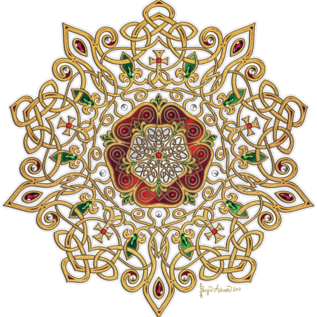 illustration of an ornate Celtic mandala centered on a Tudor rose, rendered in rich gold, red, and green tones. the symmetrical design features intricate over-and-under Celtic knotwork forming looping arms around the central rose, with braided borders, triquetra-inspired crossings, and spiral flourishes. jewel-like red and green accents appear throughout the knots, with pearl-like nodes embedded in the pattern. set against a clean white background, the composition reads as embroidered metalwork 