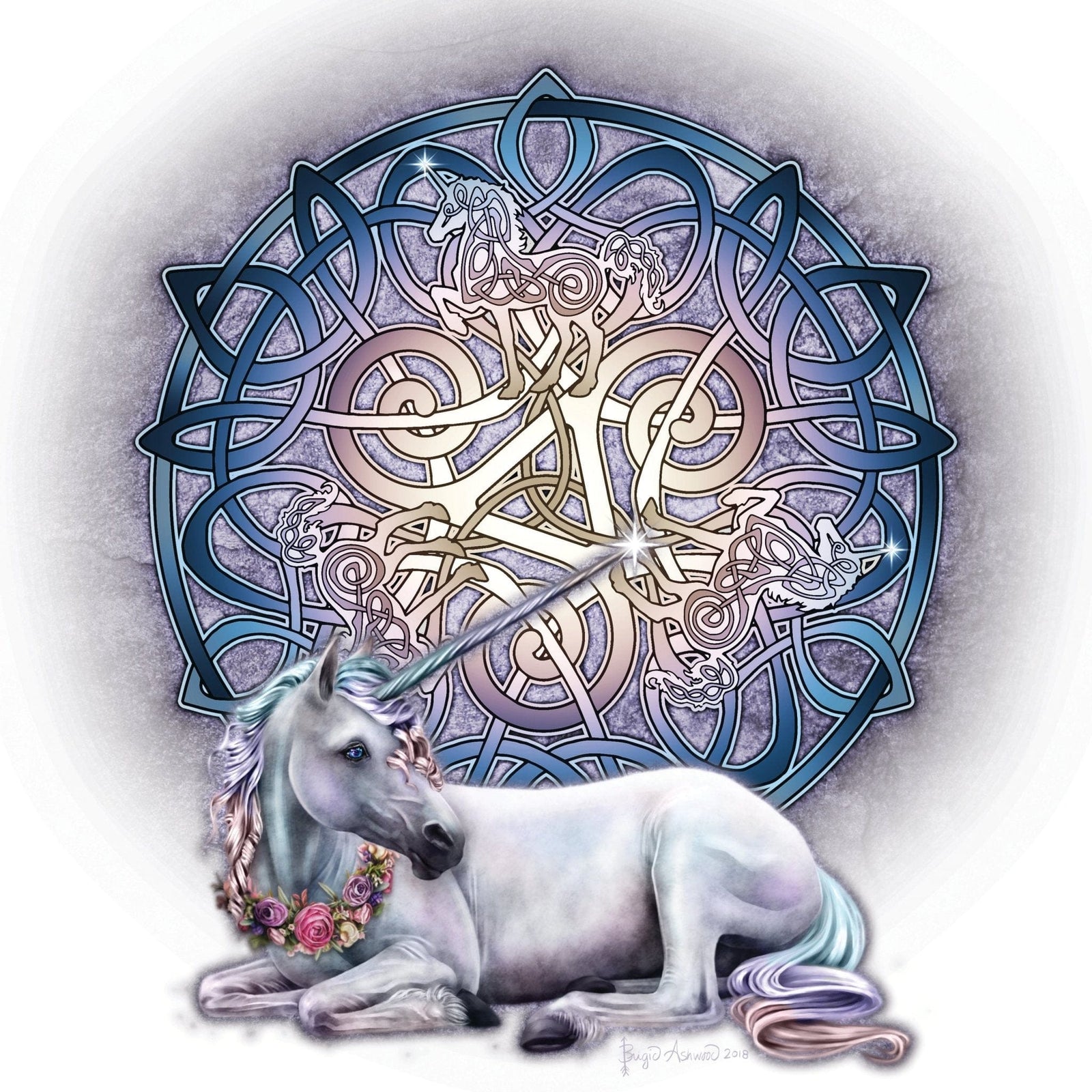 illustration of a luminous white unicorn with a long spiraled horn and a floral garland around its neck, reclining before an intricate blue Celtic knotwork mandala. stylized unicorn figures are woven into the circular knot pattern behind the main unicorn, with glowing highlights and soft shading around the design. this artwork is titled “Celtic Unicorn” and created by artist Brigid Ashwood
