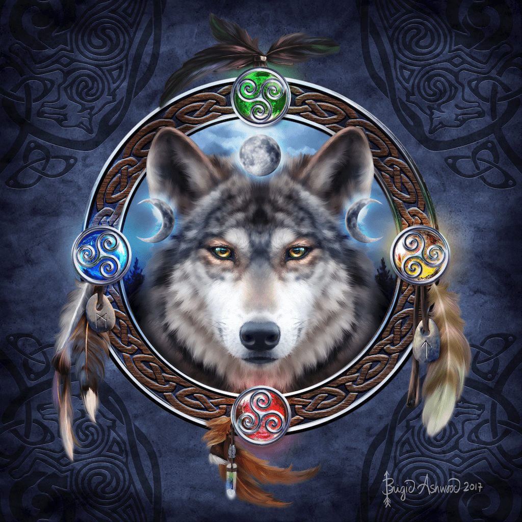 CELTIC WOLF GUIDE with background by BRIGID ASHWOOD