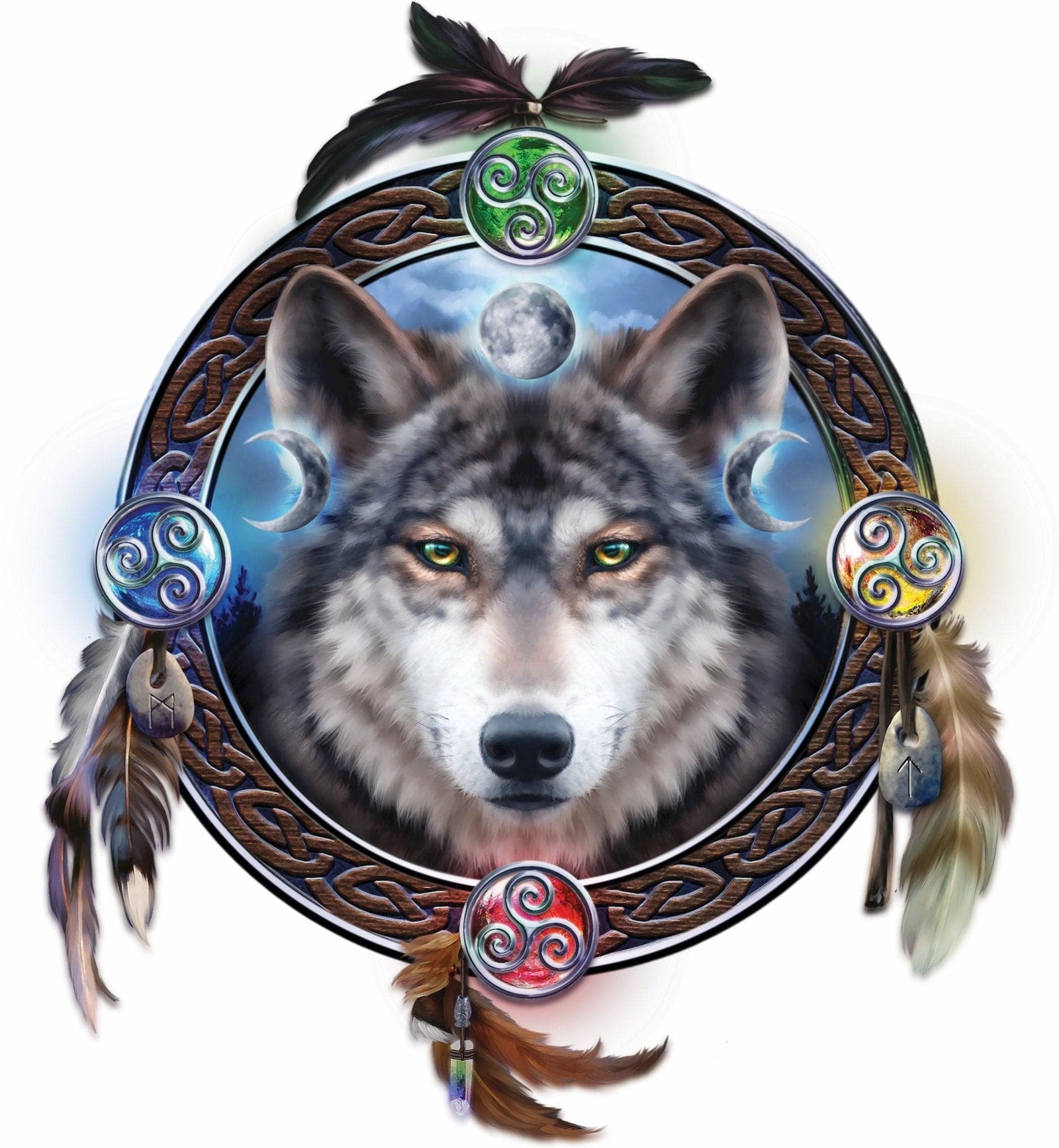 CELTIC WOLF GUIDE by BRIGID ASHWOOD, printed on denim jackets and other denim products: tote bags, throw pillows, table place mats, aprons