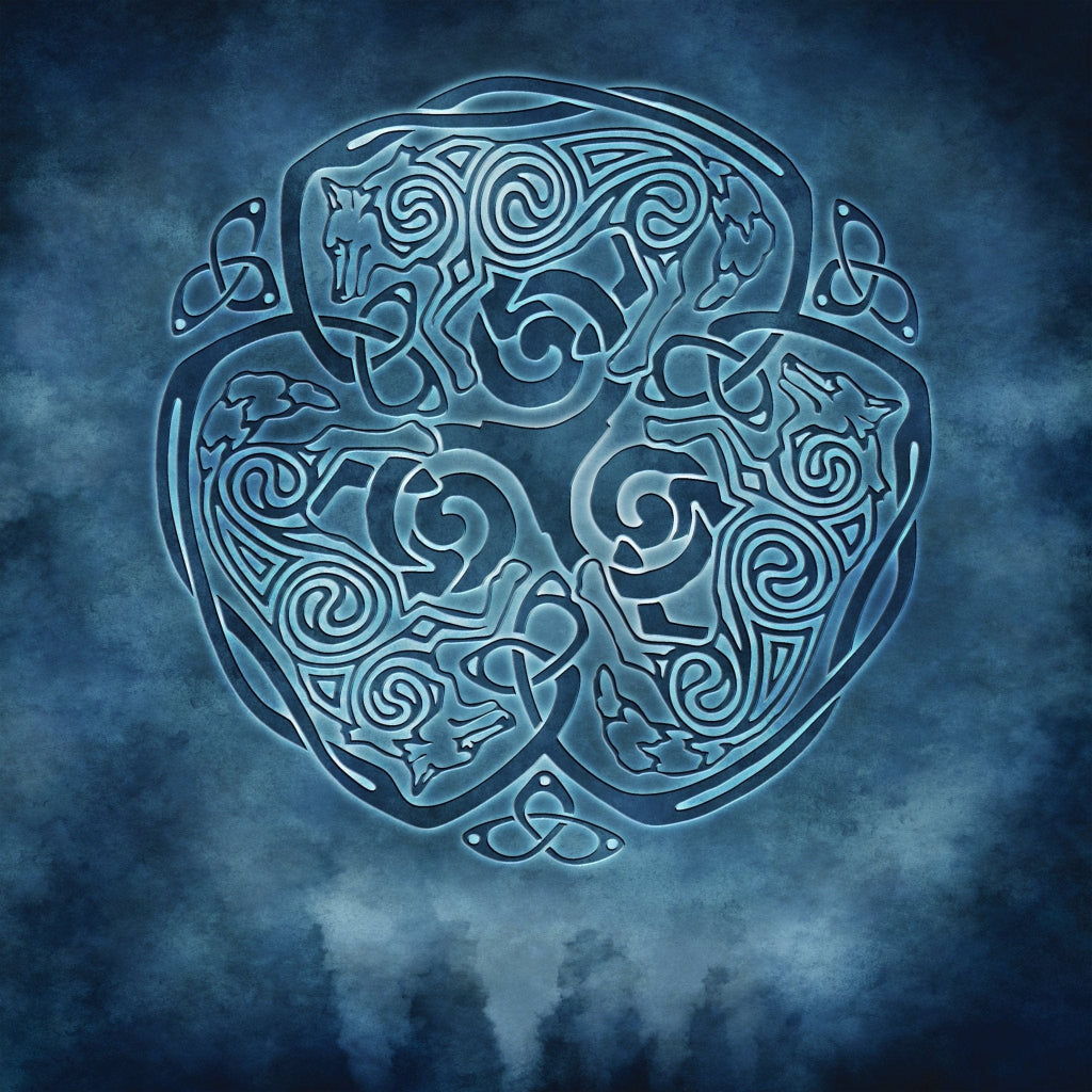 Illustration of an ornate icy blue Celtic knotwork mandala featuring three stylized wolves woven into a circular motif. each wolf is formed from continuous over-and-under knot lines filled with spiral motifs, rotating around a central triskelion-shaped negative space. small triquetra symbols appear at the left, right, and bottom edges. the pale blue linework glows softly against a textured dark blue, mist-like background. this artwork is titled “Celtic Wolf 2” and created by artist Brigid Ashwood