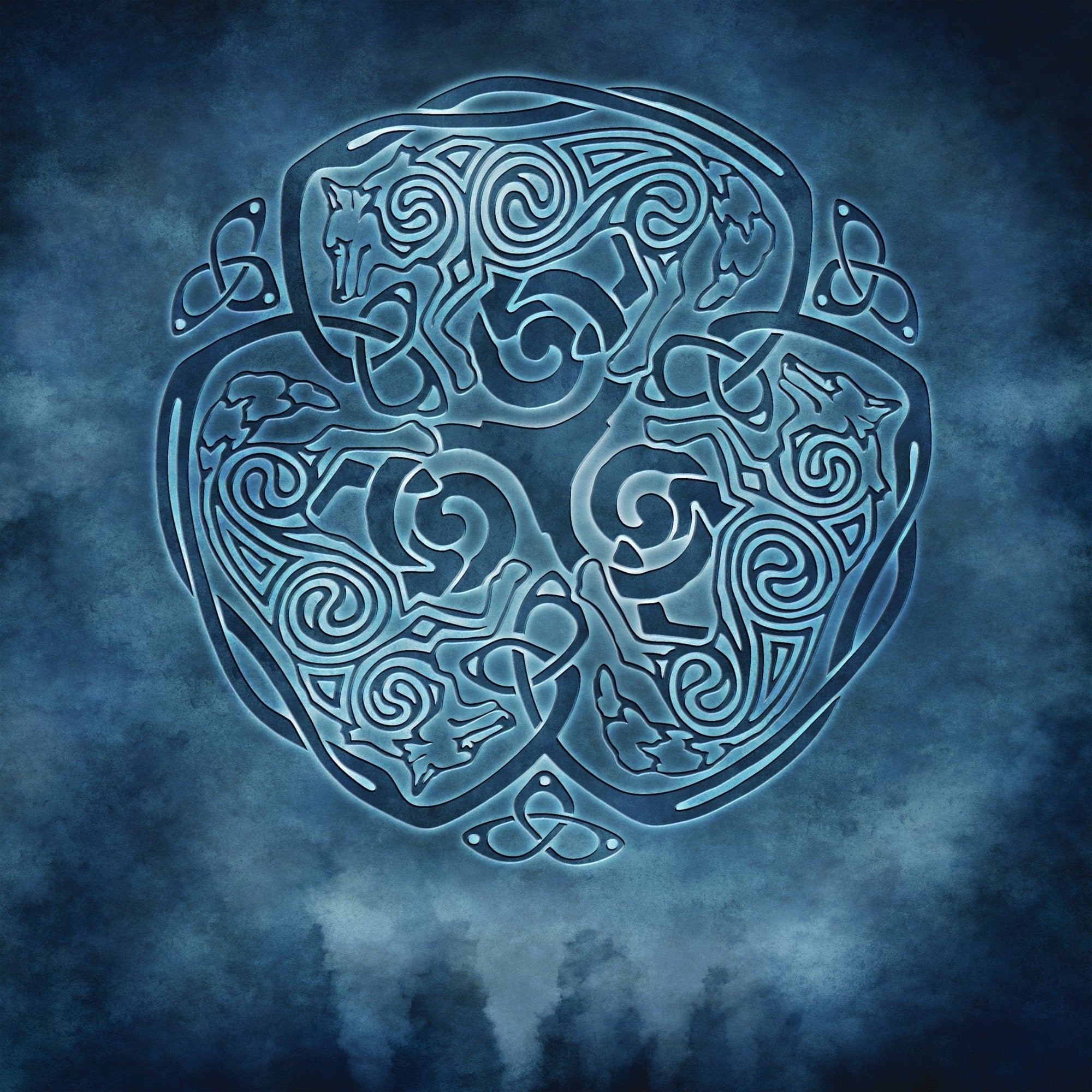 illustration of an ornate Celtic knotwork design featuring three stylized wolf forms interwoven into a circular motif, rendered in pale blue linework against a textured dark-blue background. this artwork is titled “Celtic Wolf 2” and created by artist Brigid Ashwood