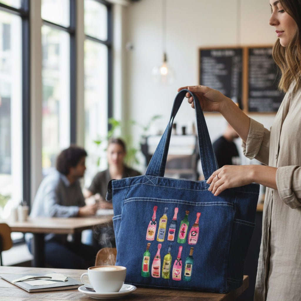 Woman holding a blue tote bag with colorful designs in a cafe.  champagne-collection-by-CatCoq-denim-tote-bag-lifestyle-shot