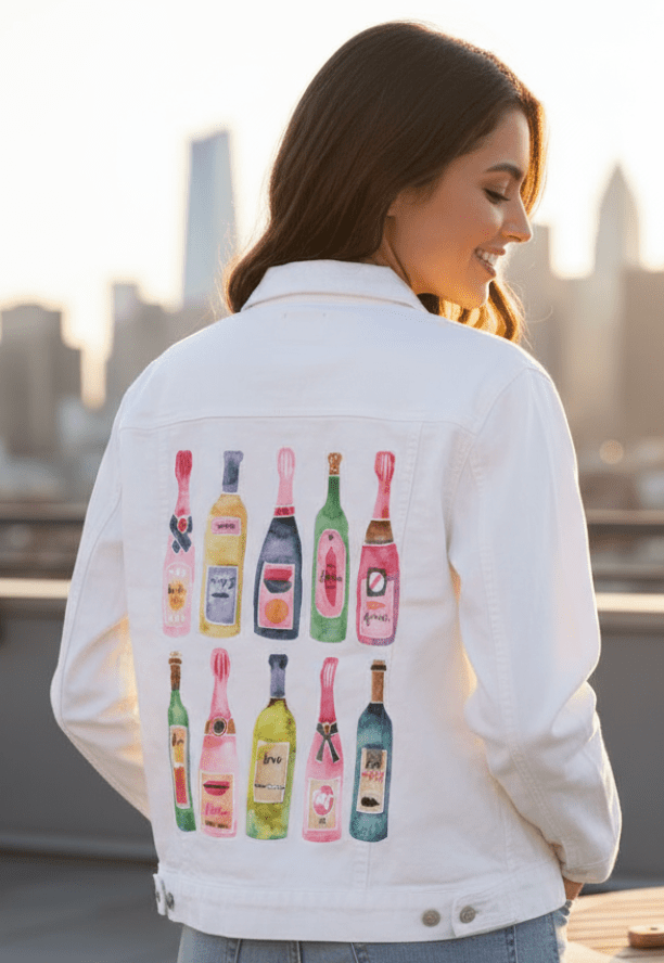 three-quarter rear view of a smiling model standing on a rooftop with a distant city skyline and skyscrapers blurred in the background. they wear a white denim jacket printed with the “Champagne Collection” artwork by CatCoq on the back panel. the illustration features twelve watercolor champagne bottles in two rows, each in different pastel and jewel tones with playful label designs. soft golden-hour light reflects off the white fabric, enhancing the clarity and color vibrancy of the printed design.