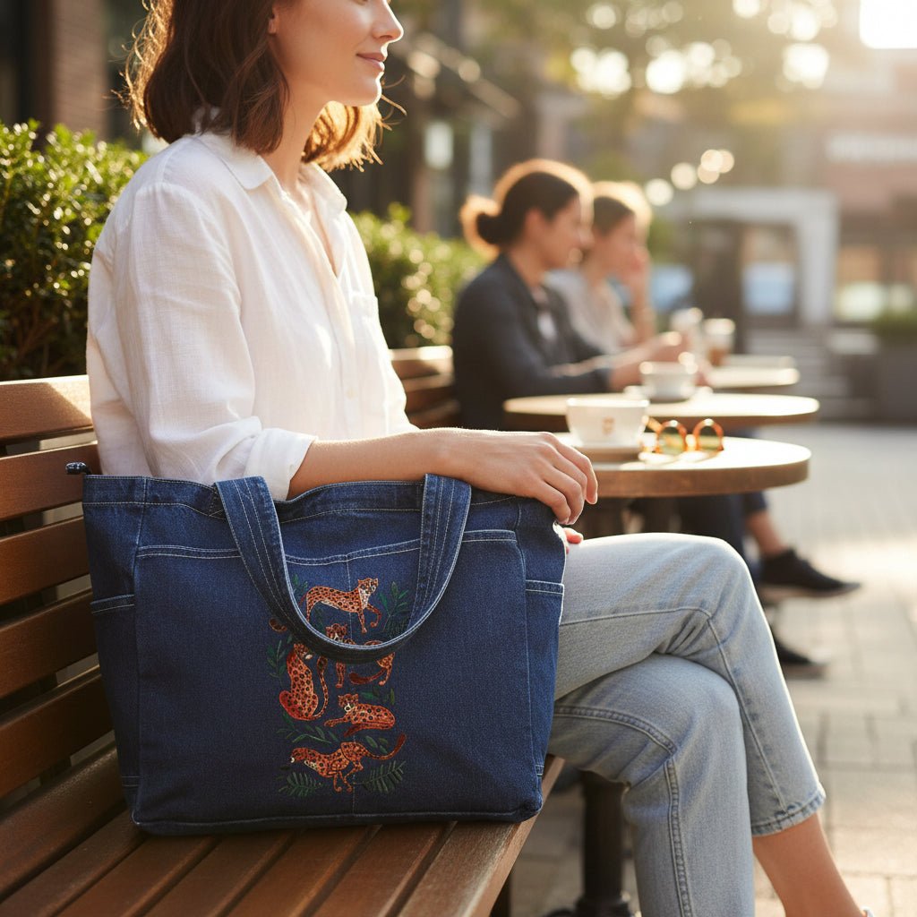 Woman sitting on a bench with a blue tote bag featuring cheetah-collection-by-CatCoq-denim-tote-bag-lifestyle-shot