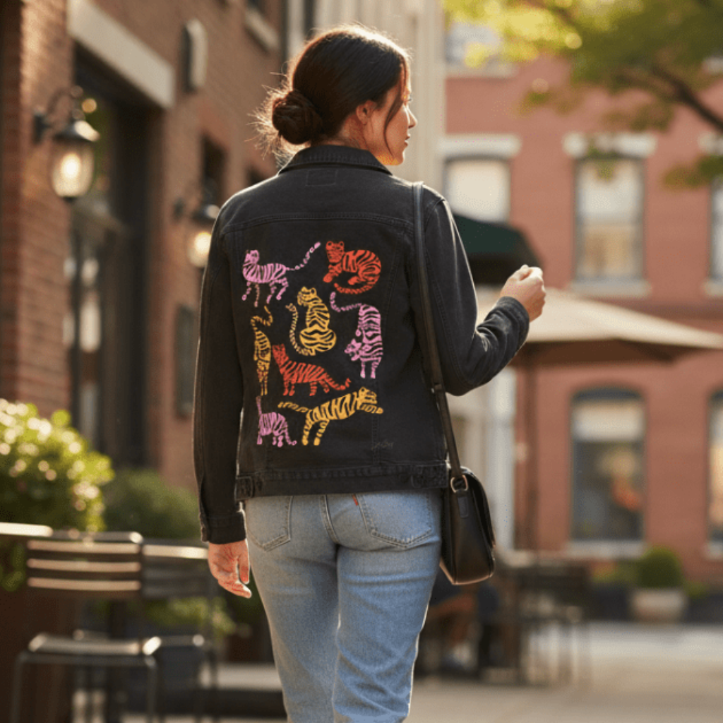 rear view of a model walking away along a brick-paved sidewalk in a cozy city neighborhood, wearing a black denim jacket featuring the “Cheetah Collection” artwork by CatCoq. the design on the back panel shows nine stylized cheetahs in various postures, each painted in different shades of pink, orange, purple, and gold. the model wears light-wash jeans &amp; carries a black leather crossbody bag. trees cast dappled shadows over building façades and patio furniture in the warm afternoon light.printed by DenimINK
