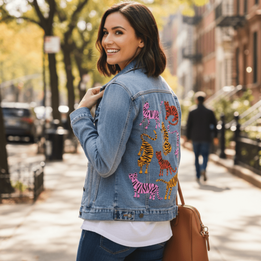 three-quarter rear view of a smiling model walking along a tree-lined urban sidewalk wearing a stonewashed denim jacket featuring the “Cheetah Collection” artwork by CatCoq. the back panel displays nine stylized cheetahs in various poses, painted in bold pinks, oranges, purples, and golds. the model looks over their shoulder while holding one strap of a tan leather bag. soft autumn sunlight filters through green &amp; yellow leaves, with brownstone buildings &amp; pedestrians lining the blurred background.