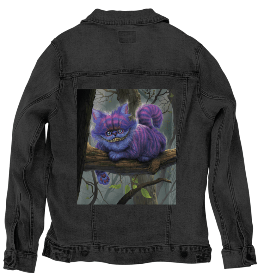 CHESHIRE CAT by VINCENT HIE, printed on denim jackets and other denim products: tote bags, throw pillows, table place mats, aprons