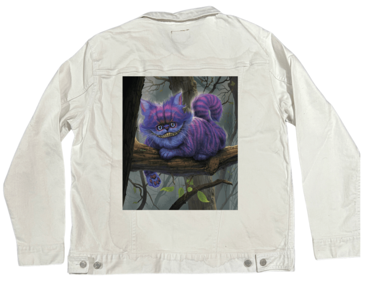 CHESHIRE CAT by VINCENT HIE, printed on denim jackets and other denim products: tote bags, throw pillows, table place mats, aprons
