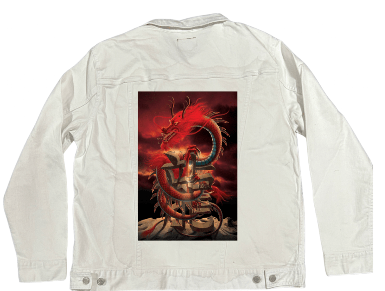 CHINESE DRAGON by VINCENT HIE, printed on denim jackets and other denim products: tote bags, throw pillows, table place mats, aprons