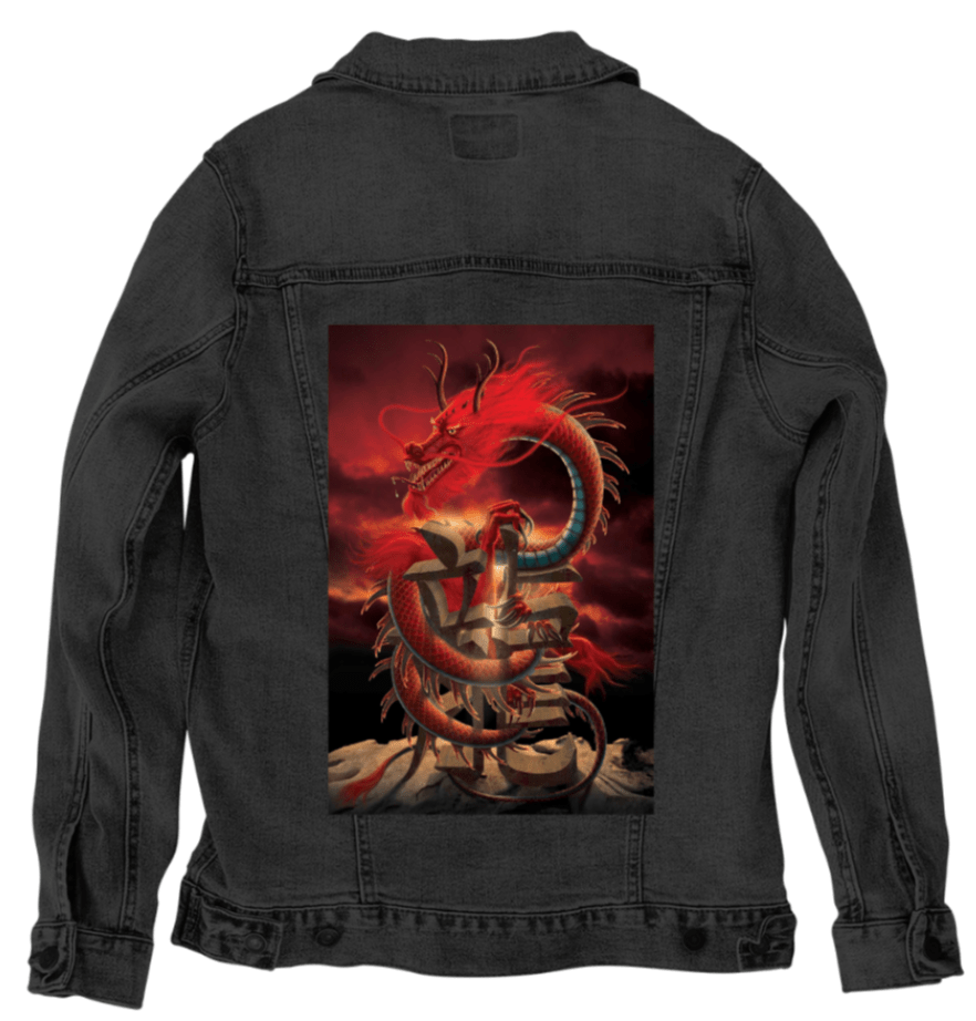CHINESE DRAGON by VINCENT HIE, printed on denim jackets and other denim products: tote bags, throw pillows, table place mats, aprons