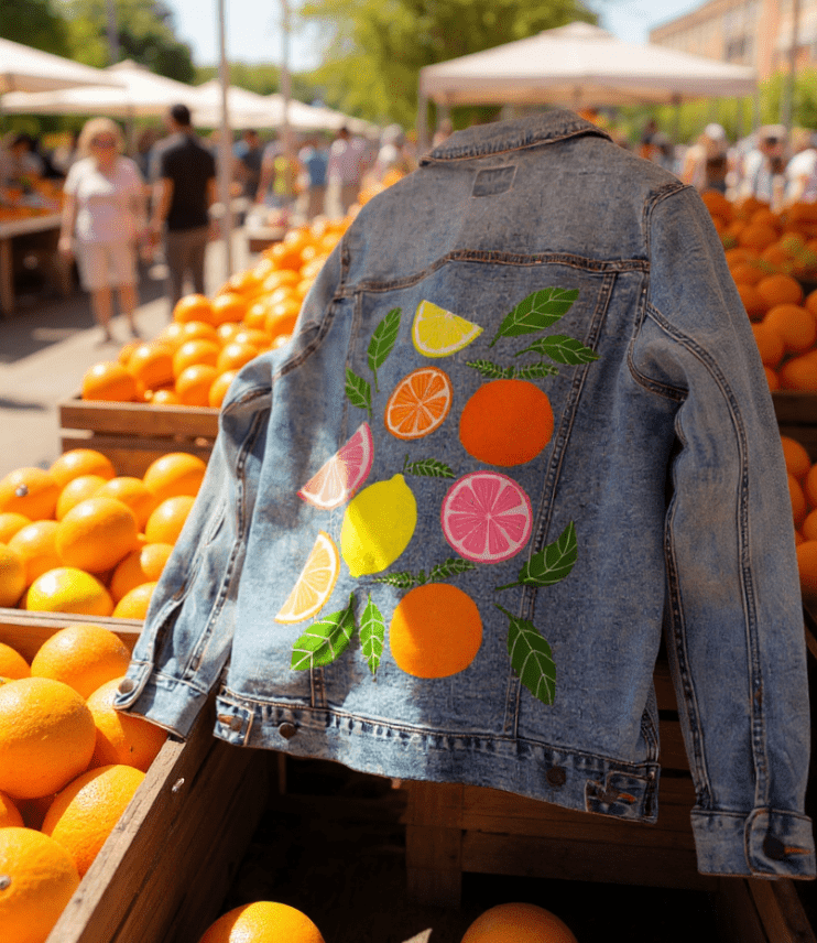 CITRUS BLOOM by HEND SHEHATA,printed by DenimINK on hand-crafted Denim Jackets and other denim products and other denim products: tote bags, throw pillows, table place mats, aprons