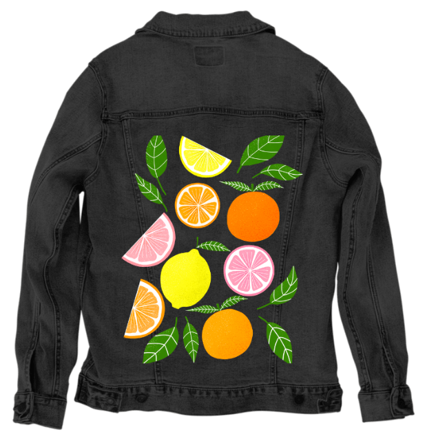 CITRUS BLOOM by HEND SHEHATA,printed by DenimINK on hand-crafted Denim Jackets and other denim products and other denim products: tote bags, throw pillows, table place mats, aprons