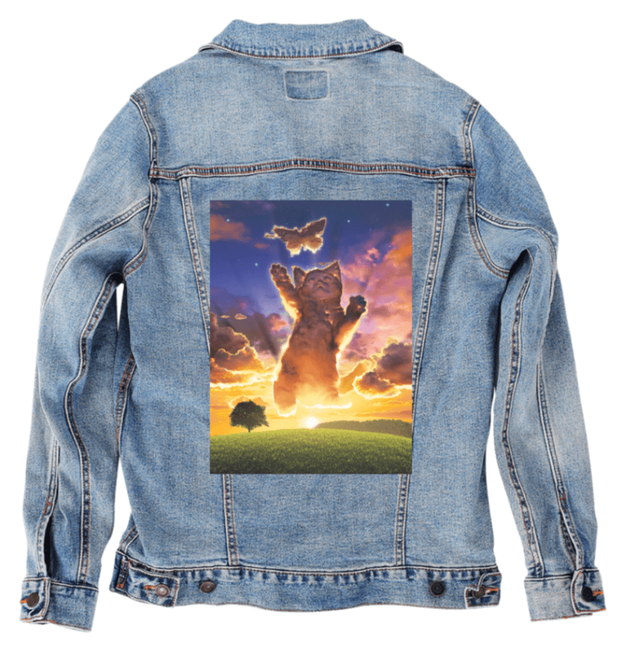 CLOUD KITTEN SUNSET by VINCENT HIE,printed by DenimINK on hand-crafted Denim Jackets and other denim products and other denim products: tote bags, throw pillows, table place mats, aprons