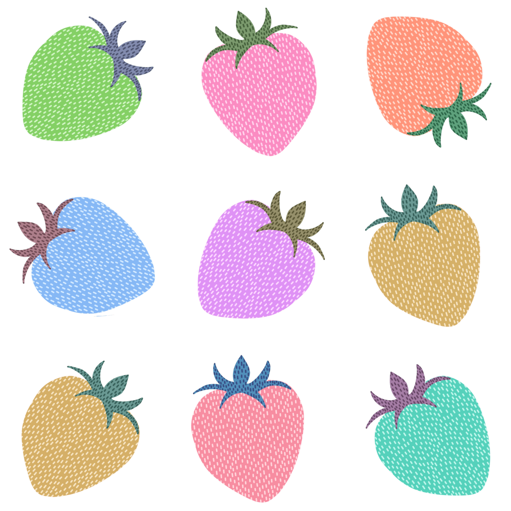 illustration of Nine stylized strawberry shapes arranged in a loose grid on a transparent background, each berry simplified into rounded forms with small leafy tops. The berries are filled with evenly spaced white dash-like seed marks and rendered in varied pastel colors including green, pink, peach, blue, lavender, mustard, coral, and mint. Leafy caps appear in muted green, teal, or purple tones with simple shapes and no outlines. This artwork is titled “Colored Berries” and created by Hend Shehata