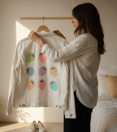 COLORED BERRIES by HEND SHEHATA, printed on denim jackets and other denim products: tote bags, throw pillows, table place mats, aprons