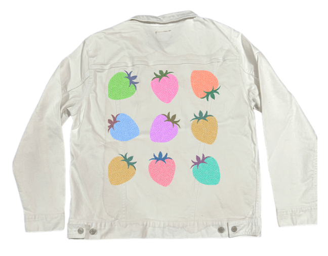 COLORED BERRIES by HEND SHEHATA, printed on denim jackets and other denim products: tote bags, throw pillows, table place mats, aprons