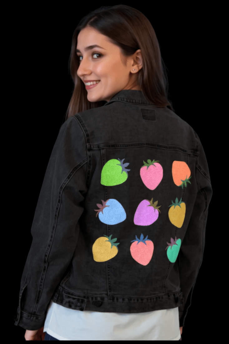 COLORED BERRIES by HEND SHEHATA, printed on denim jackets and other denim products: tote bags, throw pillows, table place mats, aprons