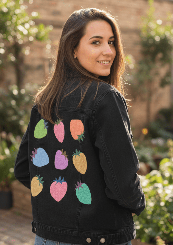 COLORED BERRIES by HEND SHEHATA, printed on denim jackets and other denim products: tote bags, throw pillows, table place mats, aprons