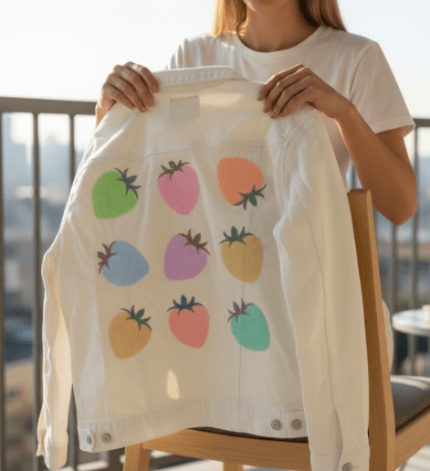 COLORED BERRIES by HEND SHEHATA, printed on denim jackets and other denim products: tote bags, throw pillows, table place mats, aprons