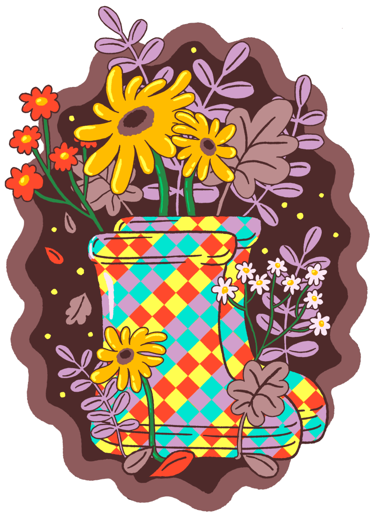 COLORFALL SEASON BOOTS by IndySign, printed on denim jackets and other denim products: tote bags, throw pillows, table place mats, aprons