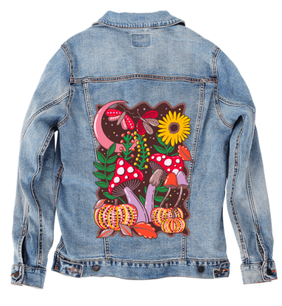 COLORFALL SEASON SHROOMS AND MOTHS by IndySign, printed on denim jackets and other denim products: tote bags, throw pillows, table place mats, aprons