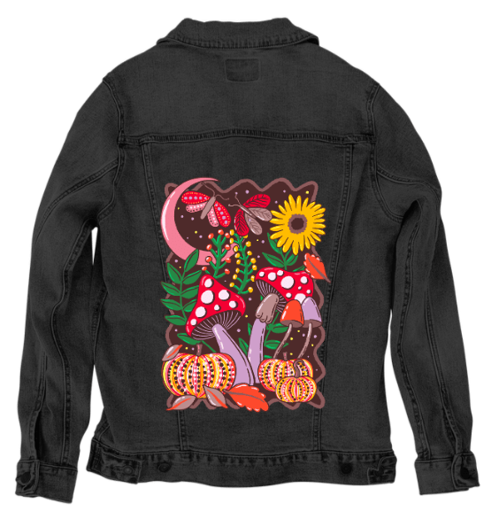 COLORFALL SEASON SHROOMS AND MOTHS by IndySign, printed on denim jackets and other denim products: tote bags, throw pillows, table place mats, aprons