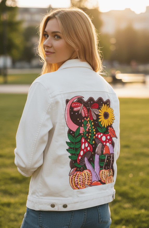 COLORFALL SEASON SHROOMS AND MOTHS by IndySign, printed on denim jackets and other denim products: tote bags, throw pillows, table place mats, aprons