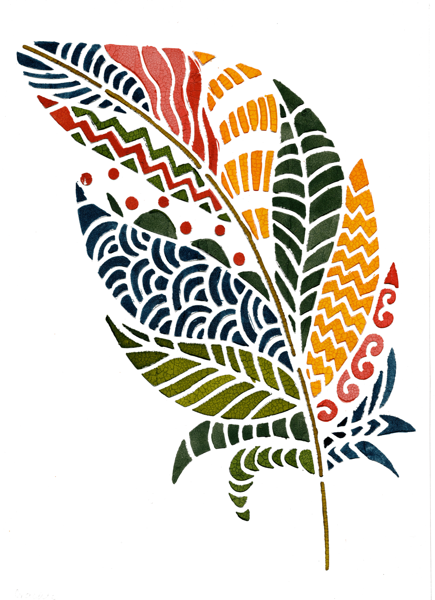illustration of a tall stylized feather composed of colorful patterned sections in deep blue, green, red, orange, and yellow, with zigzags, waves, dots, and leaf-like textures arranged along the feather’s spine. this artwork is titled “Colorful Feather” and created by Canvas & Quotations (Monika Chugh and Alka Chopra)