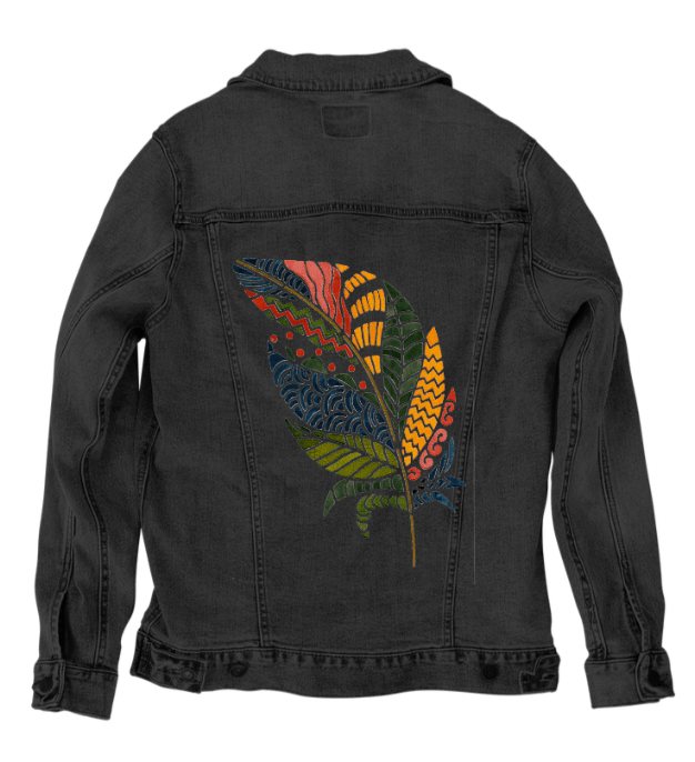 COLORFUL FEATHER by CANVAS and QUOTATIONS, printed on denim jackets and other denim products: tote bags, throw pillows, table place mats, aprons custom denim jacket by DenimINK