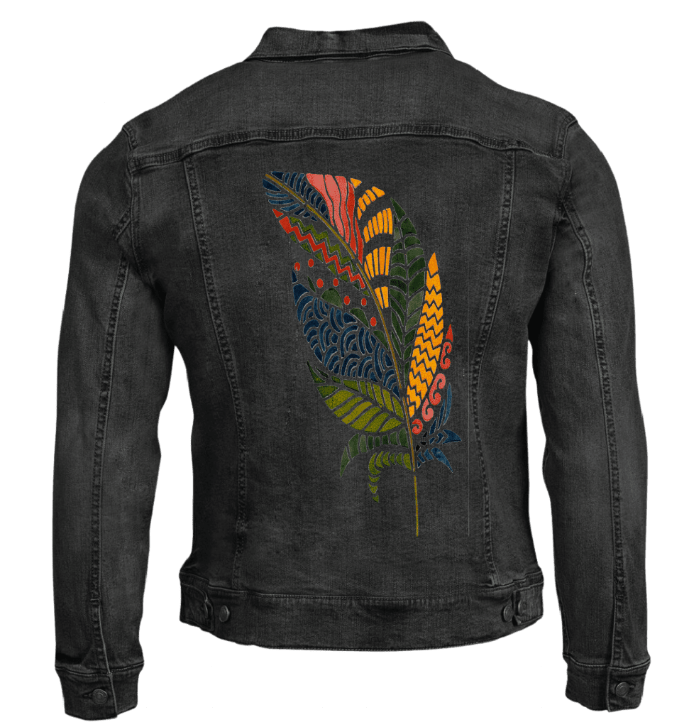 COLORFUL FEATHER by CANVAS and QUOTATIONS custom denim jacket by DenimINK