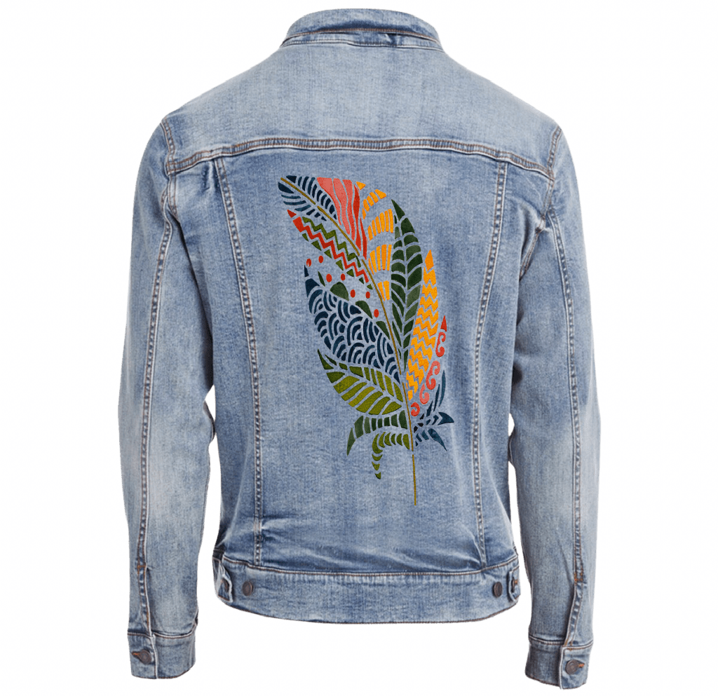 COLORFUL FEATHER by CANVAS and QUOTATIONS custom denim jacket by DenimINK