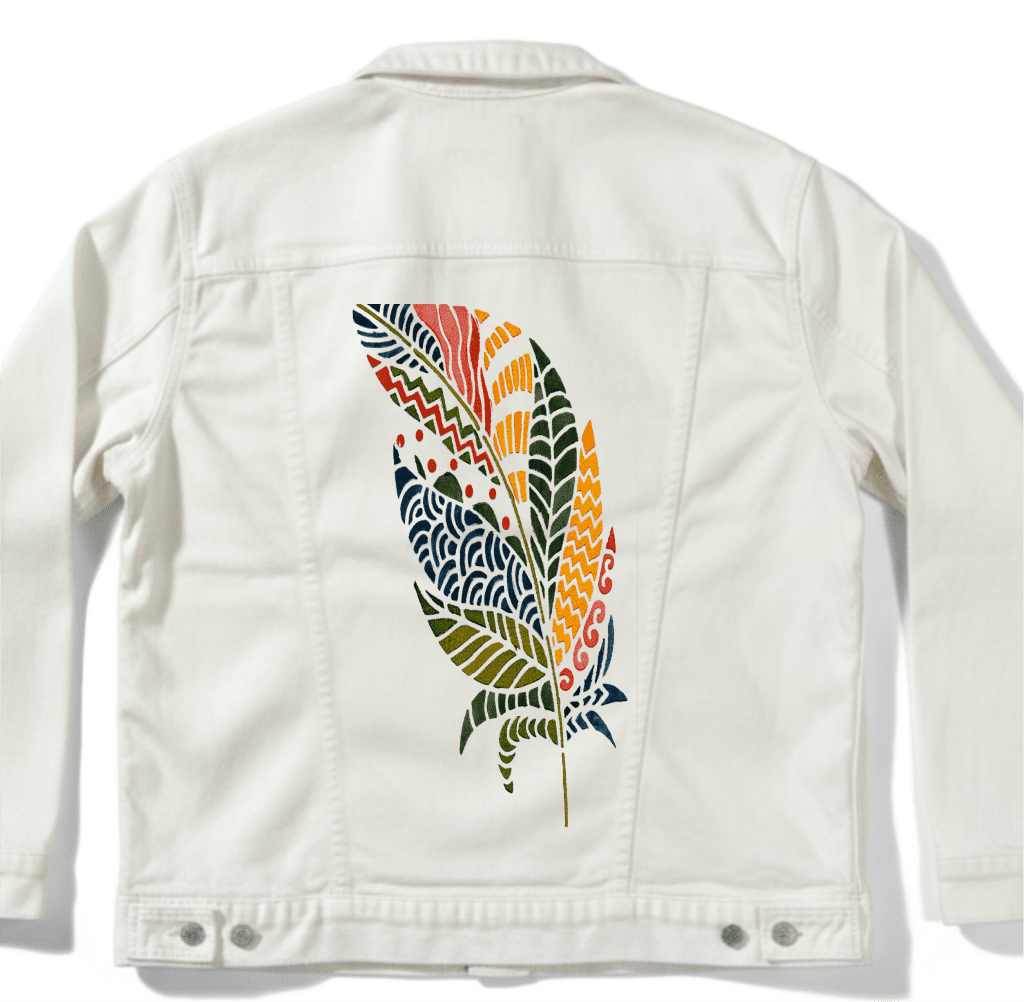 COLORFUL FEATHER by CANVAS and QUOTATIONS custom denim jacket by DenimINK