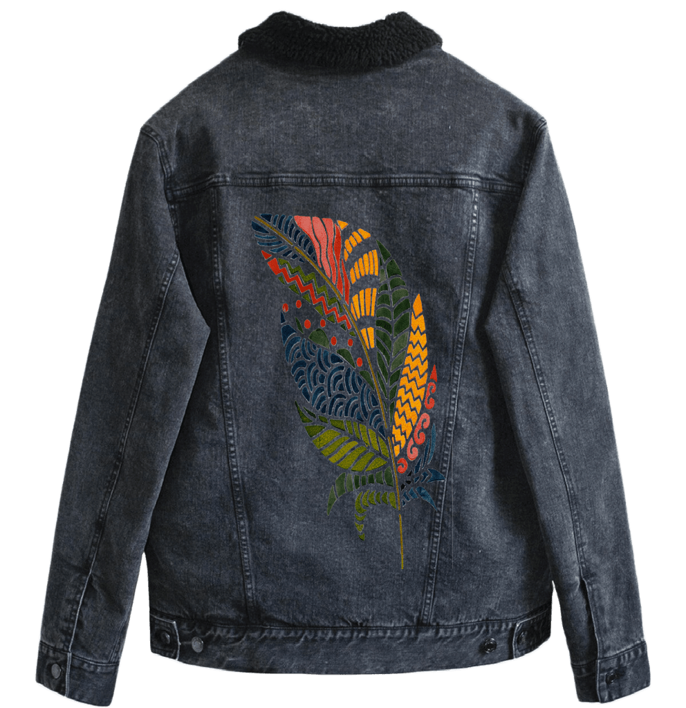 COLORFUL FEATHER by CANVAS and QUOTATIONS custom denim jacket by DenimINK