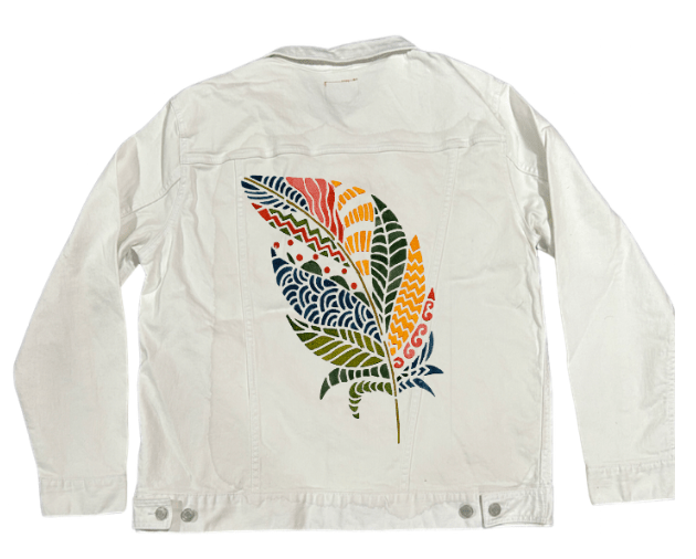 COLORFUL FEATHER by CANVAS and QUOTATIONS, printed on denim jackets and other denim products: tote bags, throw pillows, table place mats, aprons custom denim jacket by DenimINK